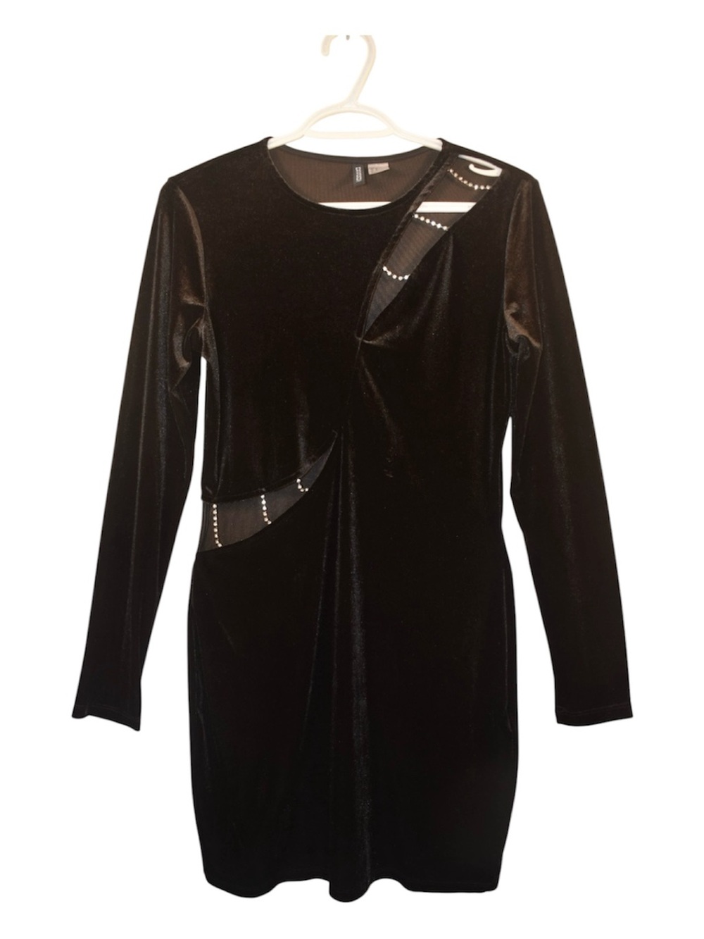 Black Velvet Long-Sleeve Cutout Dress with Rhinestone Detail